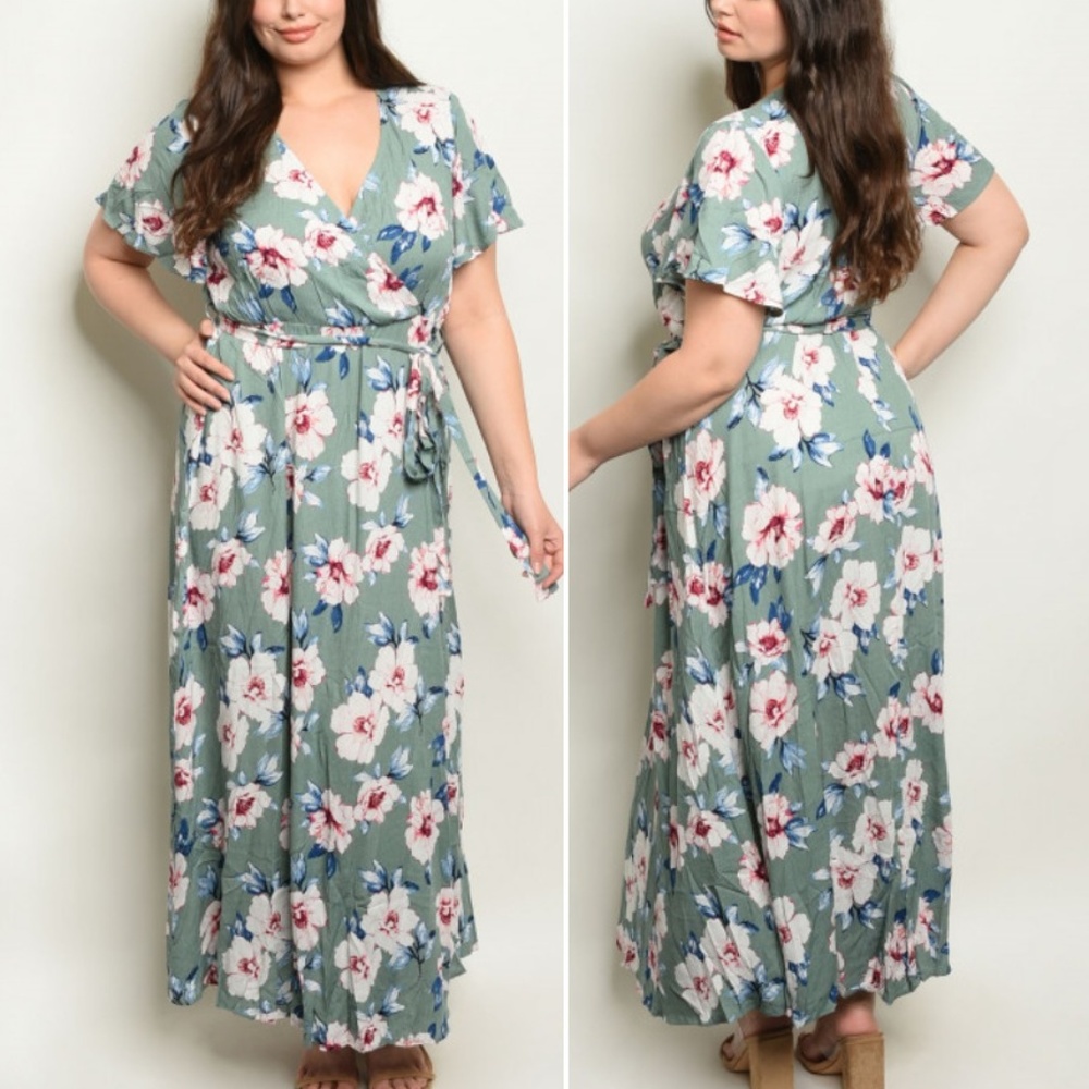 SAGE FLORAL MAXI V NECK DRESS